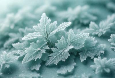 The primary subject of the image is a close-up of a plant covered in frost. The plant is surrounded by a snowy background, creating a wintry atmosphere. The visual style of the image is a photo, capturing the intricate details of the frost-covered plant. The colors in the image are predominantly white, representing the frost and snow, and the overall mood is serene and peaceful.